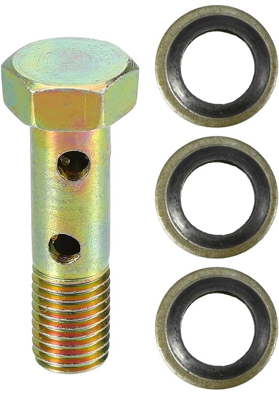 Double Banjo Bolt Kit, M8x1.0 Lengte 32mm MetrischeDraad Turbo Remleiding Fitting Adapter Universeel voor Auto Duurzaam Metaal Bronzen Kleur Met Pakkingen Spacer