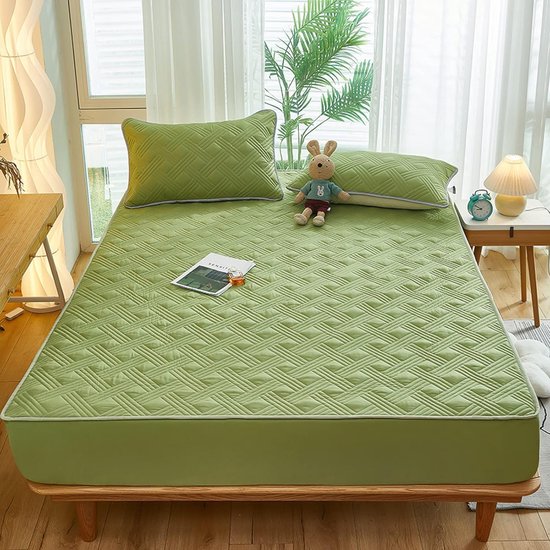 Double Bedding,Solid Color Quilted Quilting Waterproof Deep Pocket Fitted Sheet, Kids Printed Urine Mattress Protector Bed Cover,green,180 * 220cm