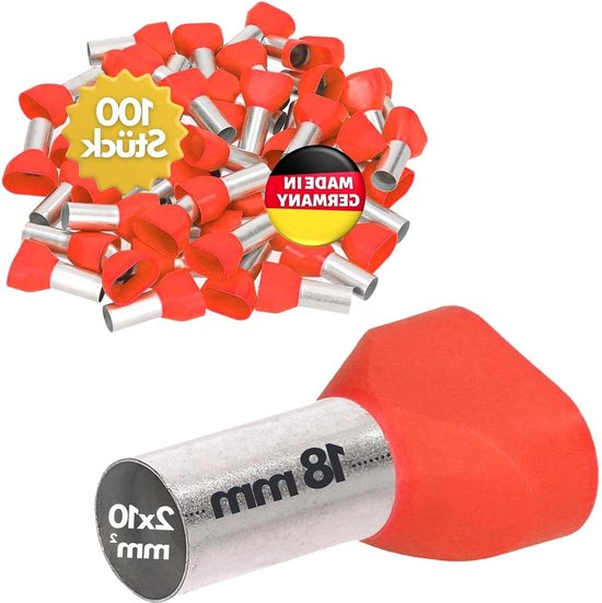 Double Cord-End Ferrules Insulated 2 x 10.0 mm² 18 mm Long Red - Pack of 100 - Industrial Quality van RS PRO