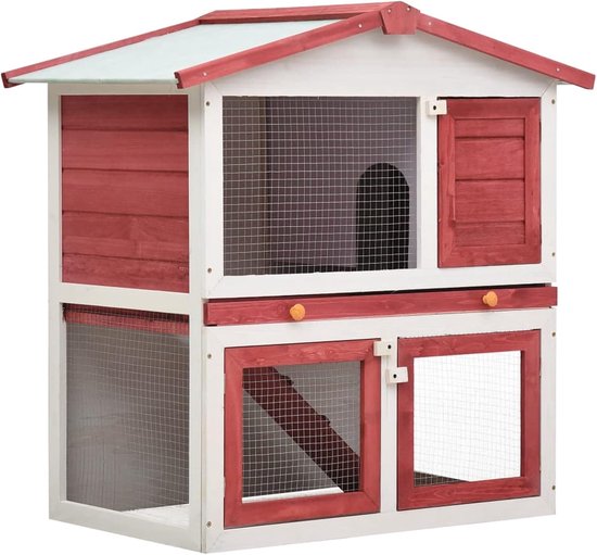 Double Decker Konijn/Cavia Hutch and Run, Houten Outdoor Konijn Hutch Kleine Dieren Huis Huisdier Kooi, Muis Konijn Pet Hutch Carrier Kip Room 3 Deuren Rood Hout