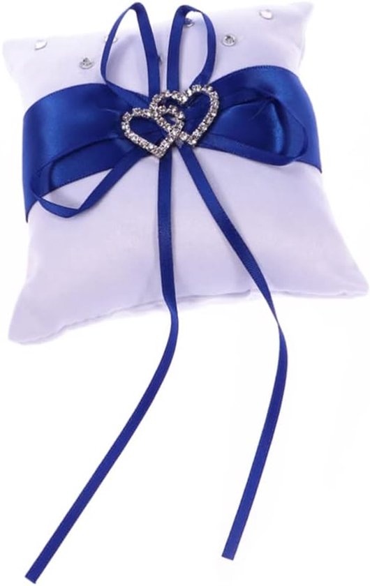 Double Heart Pillow Voor Bruiloft Kussen Met Satijnen Ribbons Strass Steentjes Voor Ceremonie Lichtgewicht Compact Met Handvat Voor Ringdrager Blauw