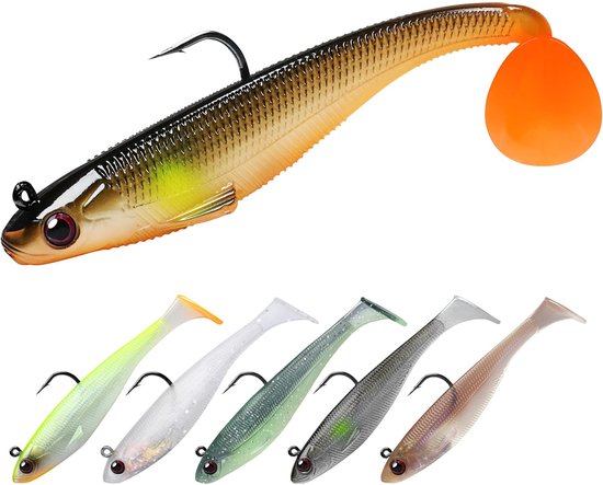 DOWO Kunstaas Set 6-delig - Softbait Shads met Haak - Kunstaas Roofvis - Kunstaas Snoek en Baars - Visaas Rubberen Vis - 9 cm