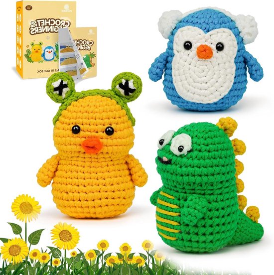 Dowsabel Haakset voor beginners, 3 patroondieren - dinosaurus, eend, pinguïn, leren haken kits voor volwassenen en kinderen, doe-het-zelf breibenodigdheden met stapsgewijze videozelfstudies
