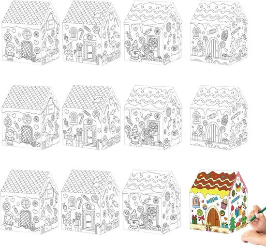 Dozen in de vorm van een blanco huis met deur en handvat, geschenkdozen, huisvorm, witte snoepdozen, opvouwbaar, voor puppy, kerstcadeaus (D)