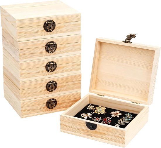 Dozen met deksel, 15 x 10 x 5 cm, kleine houten kist met scharnieren en slot, opbergdoos, juwelendoos, houten schatkist voor cadeauverpakking, knutselen en hobby's en
