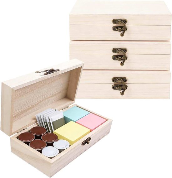 Dozen met deksel, 20 x 10 x 5 cm, versieren kleine houten kisten, houten kisten ter decoratie, rechthoekige houten kist met deksel, geschikt voor knutselwerk en schilderen.