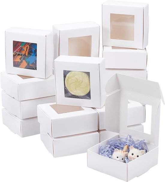 Dozen met doorzichtig venster, 7,8 x 7,6 x 3,1 cm witte papieren verpakkingsdoos, opvouwbare geschenkdoos voor verjaardagsfeest, bruiloft, afstuderen, afstuderen