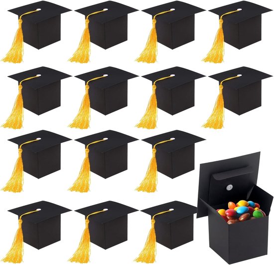 Dozen met snoepjes, geschenkdoos in de vorm van een doctoraatspet, afstudeerhoed vormige snoepdoos, zwarte snoepdozen met gele kwastje voor feestartikelen, ceremonie (24)