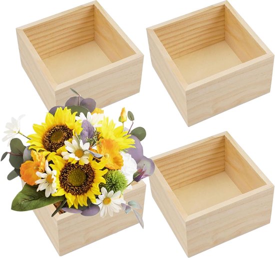 Dozen van hout, 4 stuks Houten Opbergdozen Voor Knutselen, 10x10x6 cm, Rustieke Houten Kisten, Houten Dozen Voor Knutselwerk, Kleine Vierkante Houten Kist, voor Huisdecoratie, Planten
