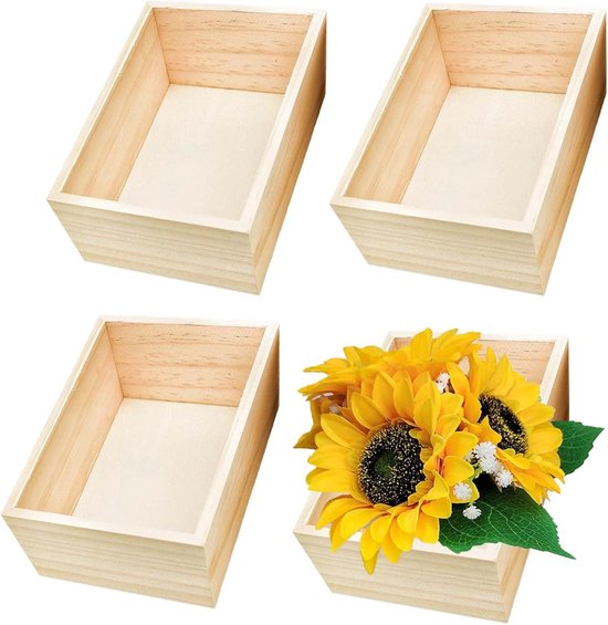 Dozen van hout, 4 stuks, kleine ongelakte houten organizer, 15 x 10 x 6 cm, rechthoekig, rustieke houten opbergdoos, voor sieraden, kantoorbenodigdheden en decoratie