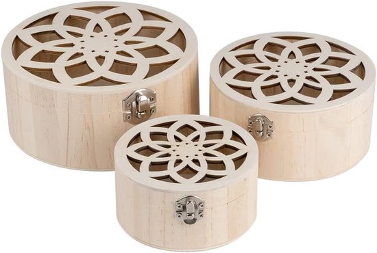Dozen | vintage | houten kist met ornament | kist | doe-het-zelf | decoratie | herinneringsdoos | opberg- en opbergdoos | rond | 3 maten | 3 stuks