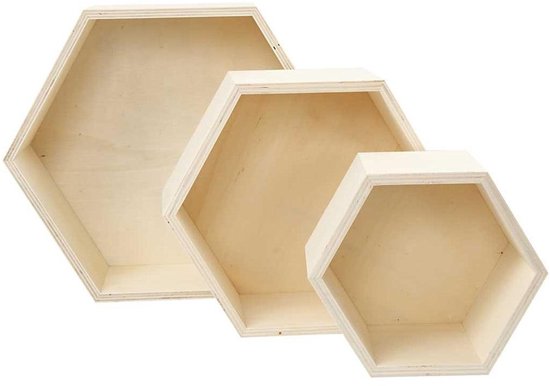 Dozen, zeshoekig, 14,8 + 19 + 24,2 cm, diepte 10 cm, multiplex, 3 stuks.