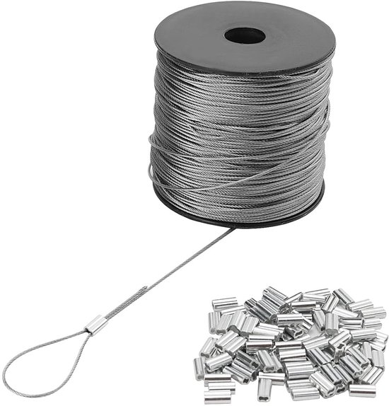 Draadkabel van 1mm, 122m RVS Kabelspoel, Vliegtuigkabel met 100 Stuks Krimp Terminals en Loopsleeves, 7x7 Strengen Kern