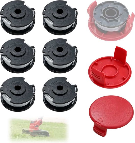 Draadspoel en spoelafdekking, vervangingsset, compatibel met Einhell accu-grastrimmer GE-CT 18/28 Li & GE-CT 18/28 Li TC, geschikt voor reservespoel TLE-03 en spoelkap TLE-03-1, 6 stuks
