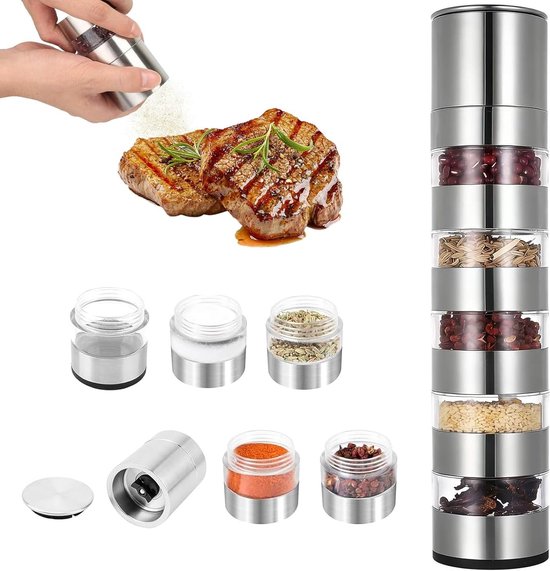 Draagbare 5-in-1 kruidenstrooier, mini kruidenpotjes van roestvrij staal voor camping, picknick en outdoor gebruik met molen en handige reiskruidenbox