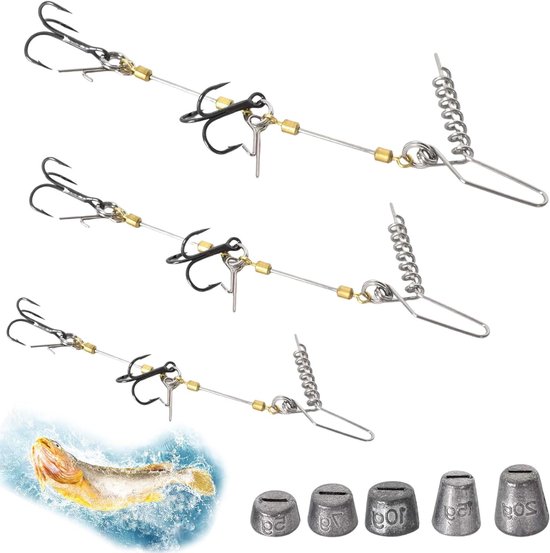Drievoudige haken voor softbaits, 3 stuks met leader systeem en verwisselbare gewichten 5g, 7g, 10g, 15g, 20g, ideaal voor rubberen vis en diverse vangstgroottes van 10, 13, 18 cm