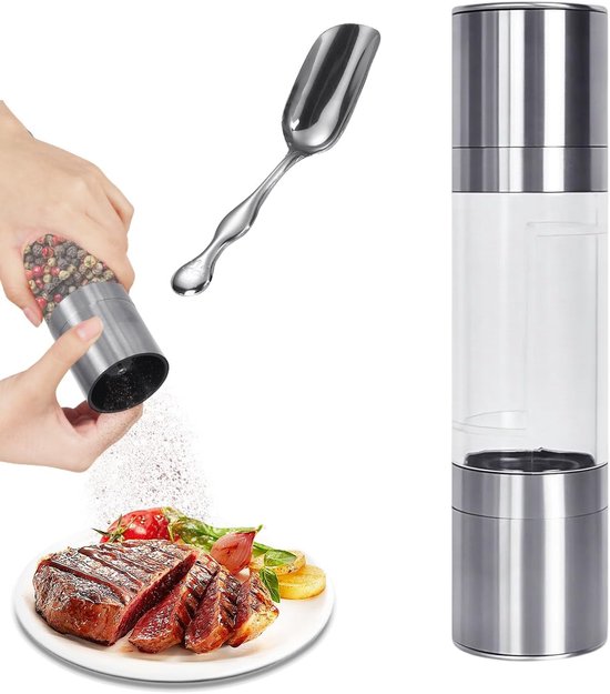 Dubbele Pepermolen en Specerijenmolen van RVS met Keramische Maalkern en Verstelbare Maalgraad voor Peper en Diverse Specerijen van Merkloos
