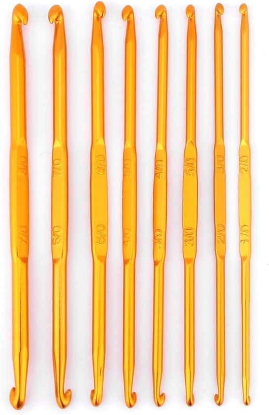 Dubbelzijdige haaknaalden set van 8 stuks in goudkleurig aluminiumoxide voor haken en breien, inclusief diverse maten en accessoires voor creatieve projecten