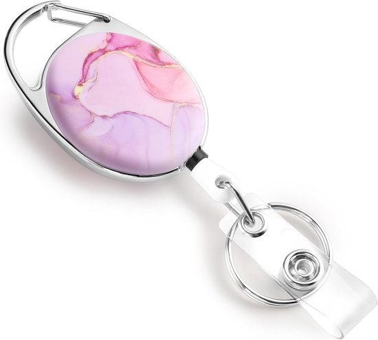 Dubbelzijdige Retractable Badge Reel met Marmerpatroon, Duurzame Sleutelhanger en Clip voor Identificatie en Sleutels, Perfect voor Werk en Evenementen (Roze Marmer)