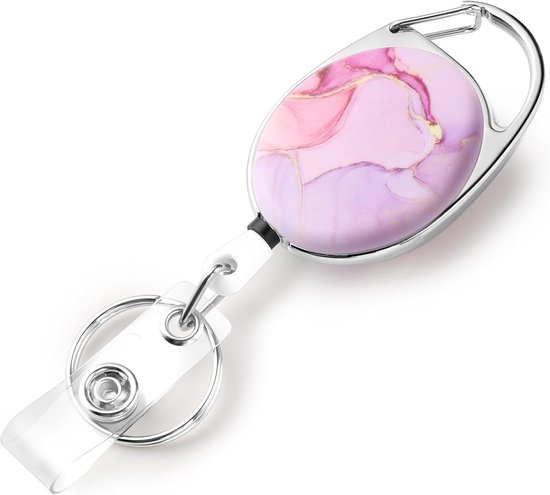 Dubbelzijdige Retractable Badge Reel met Marmerpatroon, Sleutelhanger en Duurzame Nylon Koord voor Identificatie en Sleutels (Roze Marmer)