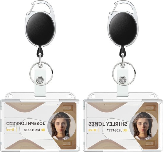 Duidelijke badgehouder voor 2 kaarten in transparant plastic met retractable reel en karabijnhaak, ideaal voor ID's, creditcards en rijbewijzen, 2 stuks