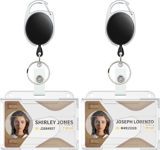 Duidelijke horizontale badgehouder voor 2 kaarten van transparant plastic met retractable badge reel en karabiner, ideaal voor ID's, creditcards en rijbewijzen, set van 2 stuks