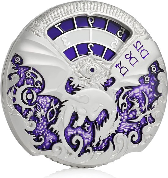 Dungeons and Dragons Roulette Spinner Dobbelstenen Set - 7-in-1 Metalen D&D Dobbelstenen met Luxe Cadeaubox voor Tafelspellen en Rollenspellen (Zilver met Paars) van Merkloos