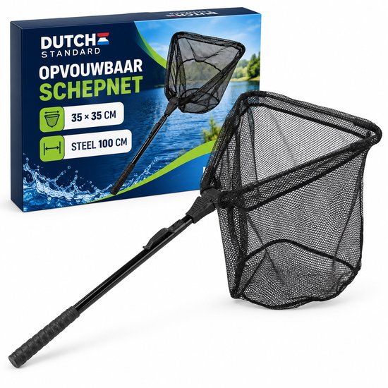 Dutch Standard Opvouwbaar Schepnet - Landingsnet 35 x 35 cm - Vaste Steel 100 cm - Fijnmazig - Zwart