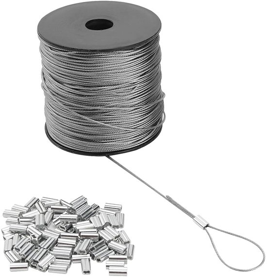 Duurzame 1mm Draad Kabel van 122m, RVS Kabel Spoel met 100 Stuks Crimp Terminals en Loops, Ideaal voor Klussen en Bevestigen van Merkloos