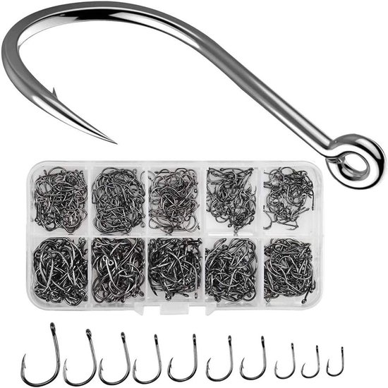 Duurzame Barbed Fishing Hooks in 10 Maten, 500 Stuks Carbon Staal met Plastic Opbergdoos voor Zoet- en Zoutwater Visserij van Merkloos
