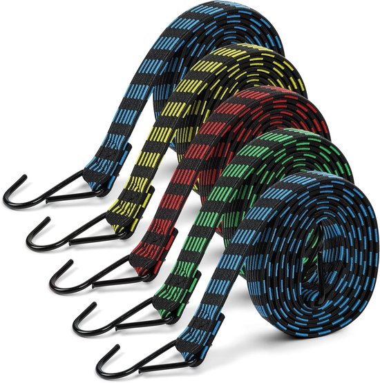 Duurzame Bungee Koorden van 2.5 cm Breed met Haakjes, Set van 5 Stuks - Ideaal voor Fietsen, Kamperen en Auto Bevestiging van Merkloos