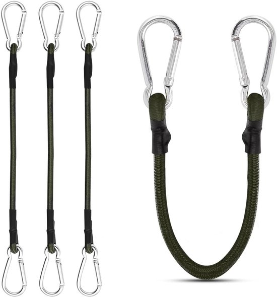 Duurzame elastische bevestigingsriemen met karabijnhaak - 4-pack van 30 cm voor camping, bagage en zeilen in groen