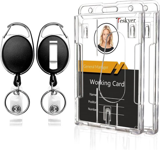 Duurzame Retractable Badge Reel Clips met Heldere Badgehouders en ID Kaarten - 2 Stuks, Verticaal Ontwerp voor Professioneel Gebruik