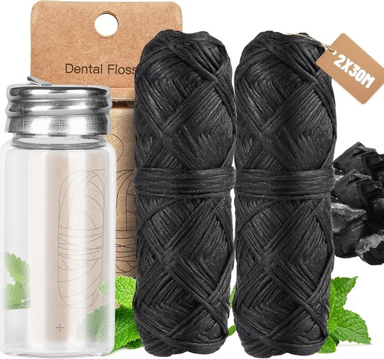 Duurzame Tandzijde in Glas, Plasticvrije Floss, Organisch en Vegan, 60M, Waxed met Candelilla en Actieve Koolstof, Mintgeur, 2 Spoelen van 30m