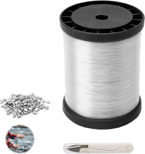 Duurzame Transparante Nylon Draad 0.8 mm x 200 m voor Vissen en Doe-Het-Zelf Projecten, Inclusief Schaar en Aluminium Crimp Sleeves, Ideaal voor Creatieve Klussen en Hobby's