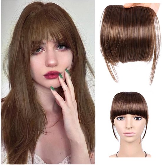 Echt haar haarstuk pony - clip-in extensies - bruin 14 cm van Merkloos