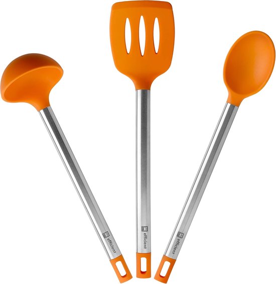 Efficient 3-delige keukenhulpset, 36,5 cm, spatel, lepel, braadpan, roestvrij staal, nylon en siliconen