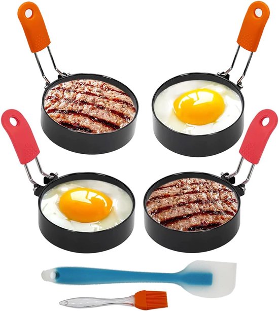 Eierringen van roestvrij staal, 4 stuks, anti-aanbaklaag, verbrandingsvrij, met siliconen borstels en spatels voor het koken van spiegeleieren en pannenkoeken