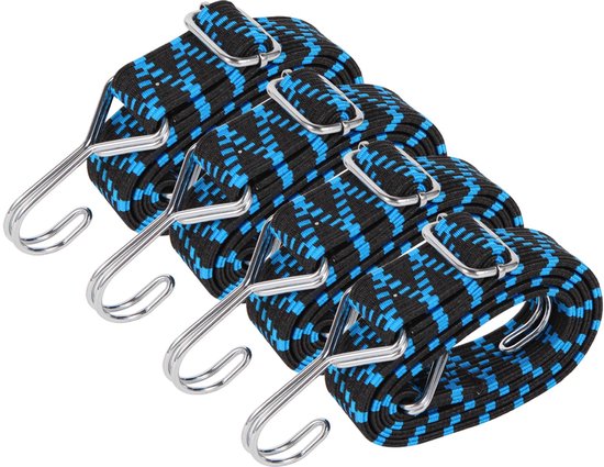 Elastische spanbanden met haken, verpakking van 4 stuks verstelbare elastische sandows, plat elastiek 1 meter, geschikt voor fiets, afdekzeil, zwembad, tent, blauw.
