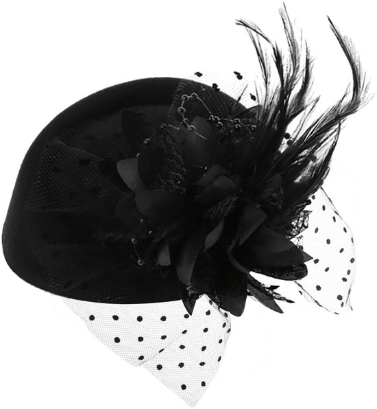 Elegante hoed met netbloem en linten, vintage fascinators voor dames, jaren 20, bruiloftsgasten, zwart, voor meisjes en vrouwen, op theeparty's