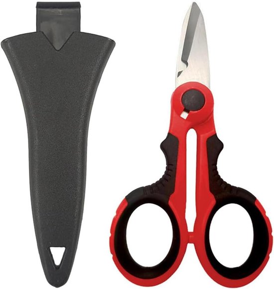 Elektricienschaar met beschermende afdekking en antislip handgreep in rood, geschikt voor vislijn en draadgaas met zachte rubberen handgreep. van Merkloos