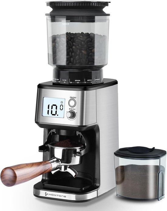 Elektrische Koffiemolen met Kegelvormige Maalschijf – 51 Maalinstellingen, Verwijderbare Houder, Inclusief Reservoir – Ideaal voor Espresso, Filterkoffie en Cold Brew (Zilver)