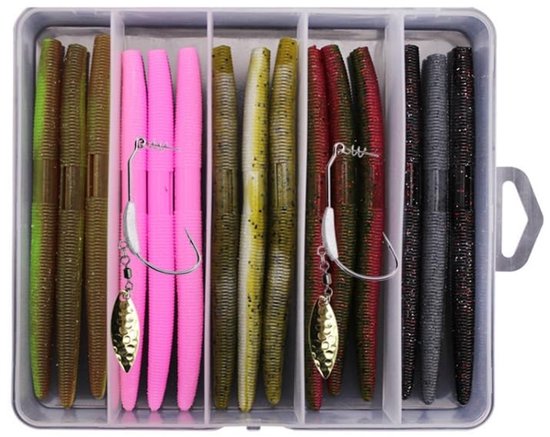 Elzusha - Rubber Worm Lure Set met Haken - 24 Stuks voor Zander en Baars van Elzusha
