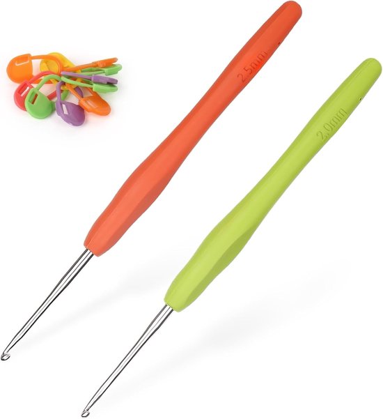 Ergonomische Haaknaalden 2mm en 2.5mm, 2 Stuks Metaal, Comfortabele Grip voor Beginners en Professionals, Ideaal voor Artrose en Creatief Haken