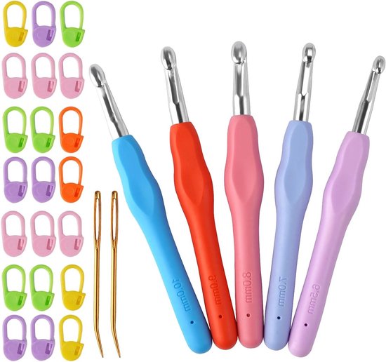 Ergonomische Haaknaalden Set met 5 Maten 6.5mm tot 10mm, Inclusief Naalden en Stekenmarkeerders voor Beginners en Liefhebbers van Haken