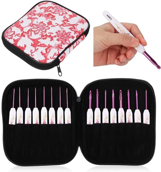 Ergonomische Haaknaalden Set van 16 Stuks met Draagbare Tas voor Creatief Haken en Breien in Roze
