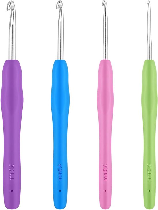 Ergonomische Haaknaalden Set van 4 - Metalen Haaknaalden met Kleurige Siliconen Handgreep - 14cm Extra Lange Breinaalden voor Beginners en Liefhebbers van Haken van Merkloos