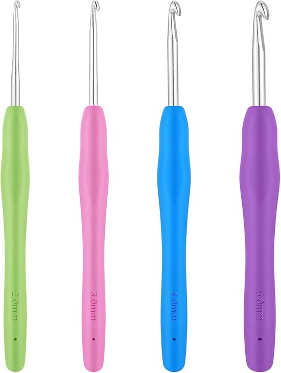 Ergonomische Haaknaalden Set van 4 - Metalen Haaknaalden met Kleurrijke Siliconen Handvatten voor Breien en Haken - 14 cm Lange Haaknaalden voor Beginners en Gevorderden