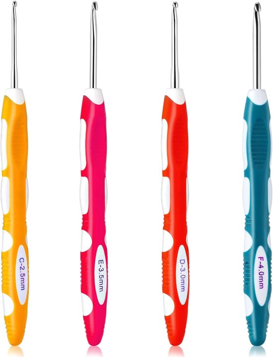 Ergonomische Haaknaalden Set van 4 Stuks in Diverse Maten voor Haken, Breien en Creatieve Projecten met Kleurige Handvatten
