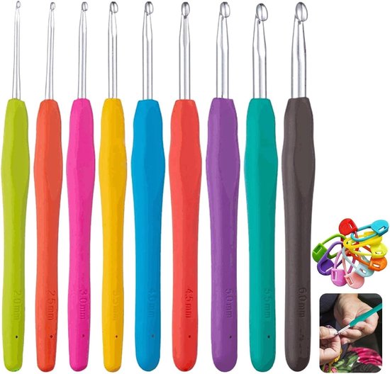 Ergonomische Haaknaalden Set van 9 Stuks 2-6 mm met Kleurrijke Koppen en 20 Stekenmarkeerders voor Beginners en Gevorderden